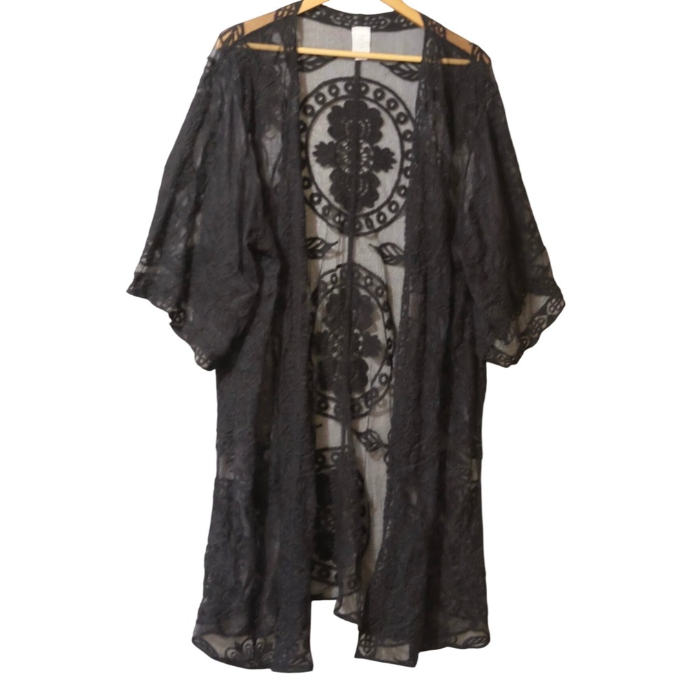 Whimsigoth Black Sheer Lace Kimono Wrap XXL-XXXL Embroidered Boho Cover Up